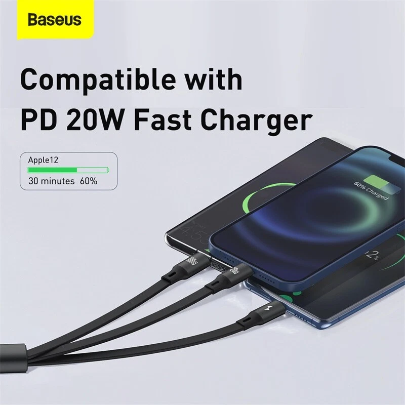 Baseus 100W 3 in 1 USB C Fast Cable Retractable Cord For iPhone Micro USB Type C - Image 4 of 4