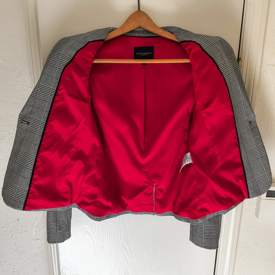 Chaqueta Blazer Mujer Talla 4 Cuadros Rojo Forro Satinado 1 Botón BANANA REPUBLIC Foto 3 de 4
