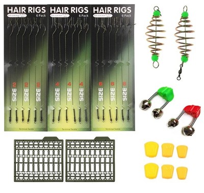 18 Carp Fishing Hair Rigs Feeders Cards Bait Stops Fake Corn Alarm Bells Tackle