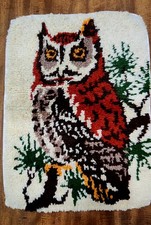 OWL LATCH HOOK VINTAGE 1970s COMPLETED RUG WALL HANGING VTG DECOR 27 x 20 mcm