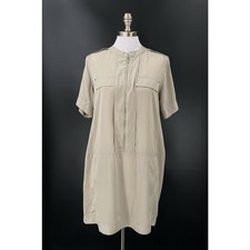 Kenneth Cole New York Shirt Dress M Beige Zip Front Utility Minimalist Workwear