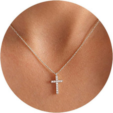 Cross Necklace for Women, 14K Gold Plated Cross Pendant Dainty Layered Chain Nec