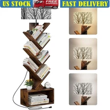 Skinny Vertical Bookshelf Tree Design Storage W/ Adjustable Lamp & Drawer New