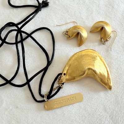 Vintage 70s Miriam Haskell Gold Fortune Cookie Necklace & Earrings Signed 36 