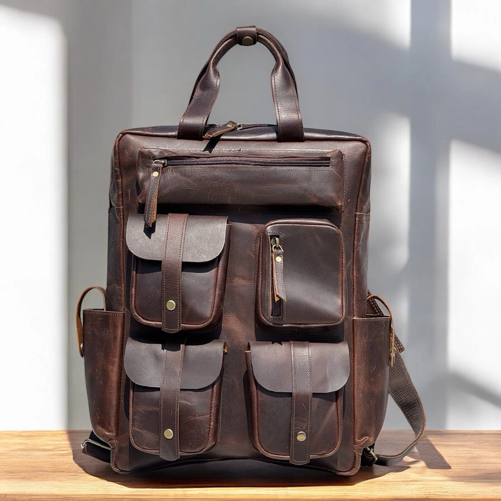 Buff Leather Backpack Mens Vintage Laptop Travel Multi Pocket Rustic Bag