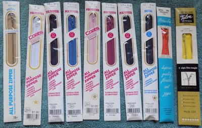 ZIPPERS Ten ** New **  ZIPS In Packages  8 J P Coats 1 Belding 1 Lily Talon