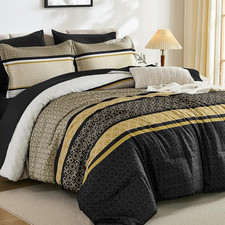 Yellow Black Queen Comforter Set 7 Pieces, Boho Striped Bed in a Bag Queen Size
