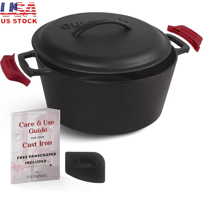 Cast Iron Dutch Oven 5Qt Deep Pot Lid Silicone Handle Grips Outdoor Cooking New