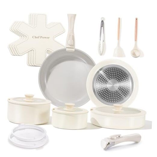 Ceramic Nonstick Pots and Pans Set 19 Piece with Detachable Handle, Induction