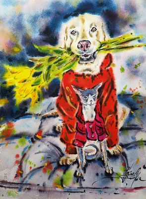 Aquarelle originale Labrador Dog and Sphynx Cat Painting - Animals Art, 15"x11" - Photo 1/2