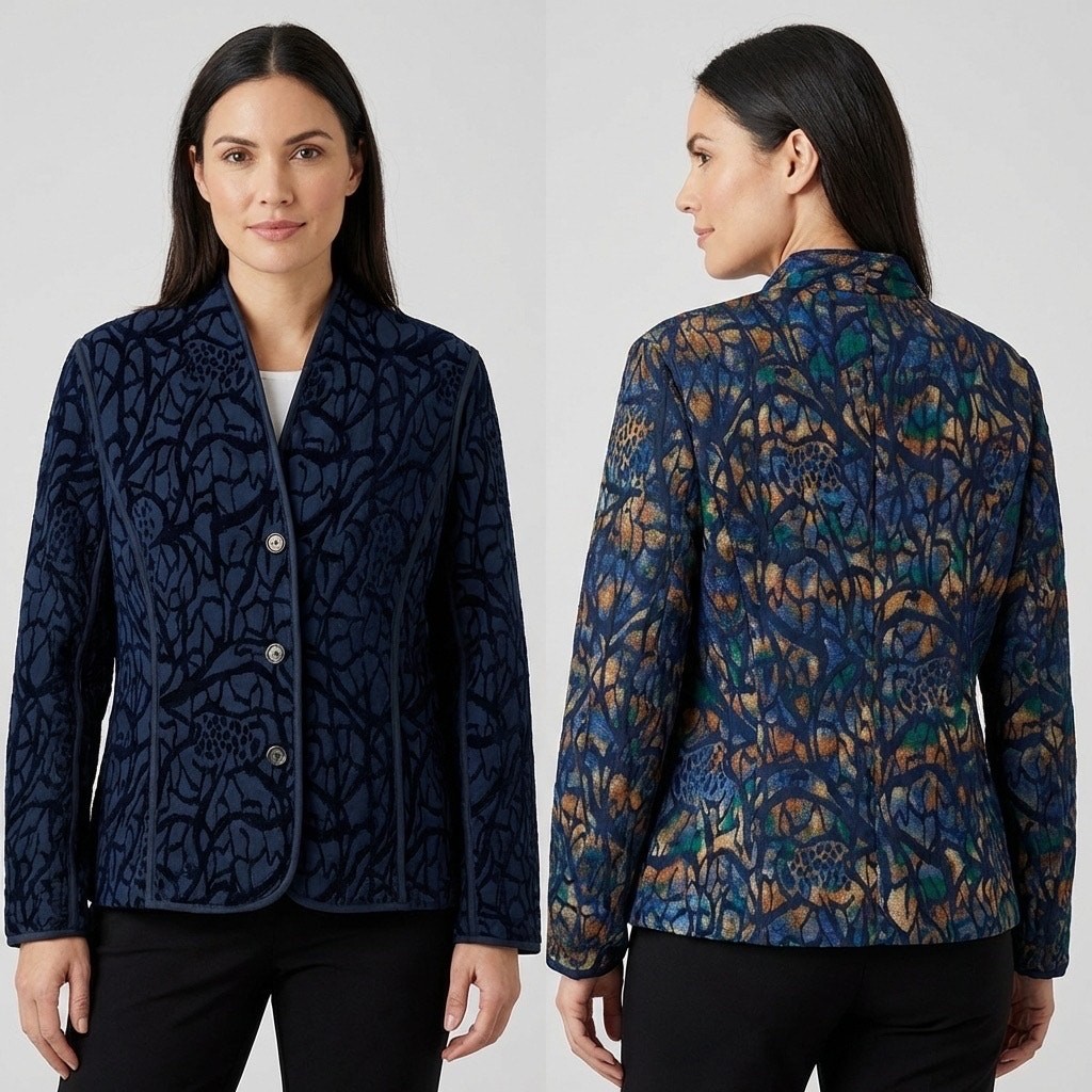Coldwater Creek  Reversible Navy Blue Textured Floral Jacquard Button Jacket L