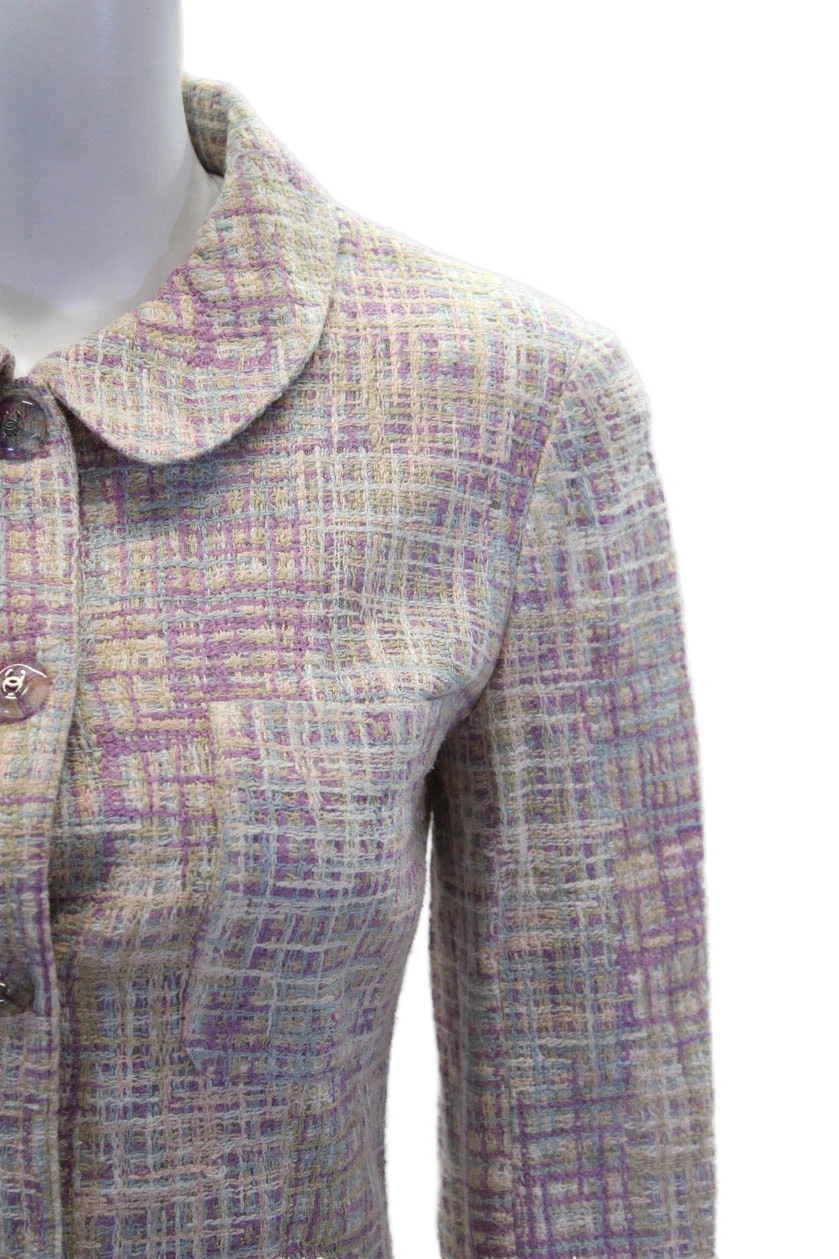 Chanel Boutique giacca tweed donna bottoni davanti vintage bianco viola FR 36 98P
