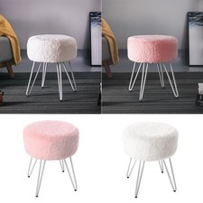 Fluffy Faux Fur Ottoman Footstool Metal Legs Round Dressing Stool Vanity Chair