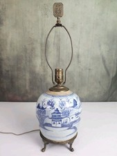 Antique Chinese Blue White Porcelain Ginger Jar Lamp Hand Painted Landscape 21"