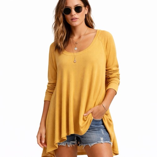 Free People We The Free Long Sleeve Ribbed Tunic Top – XS Mustard Yellow Boho - Picture 1 of 5