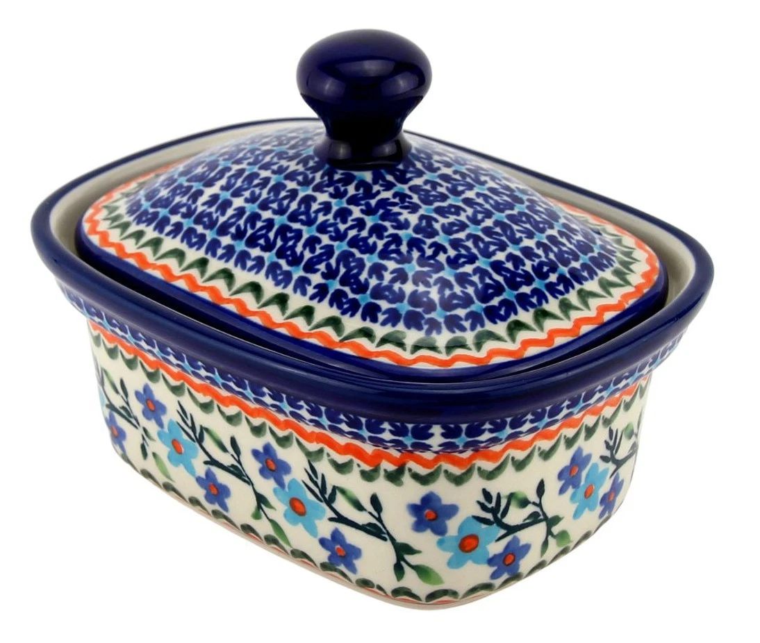 Polish Pottery Butter Dish / Container with Lid, 5.75" L x 4" W x 4" H, 14 Oz.