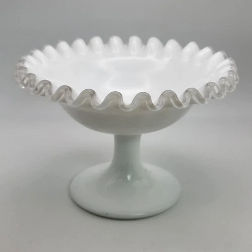Vtg 5" Fenton Silver Crest Clear Crimped on Milk Glass Pedestal Compote Dish