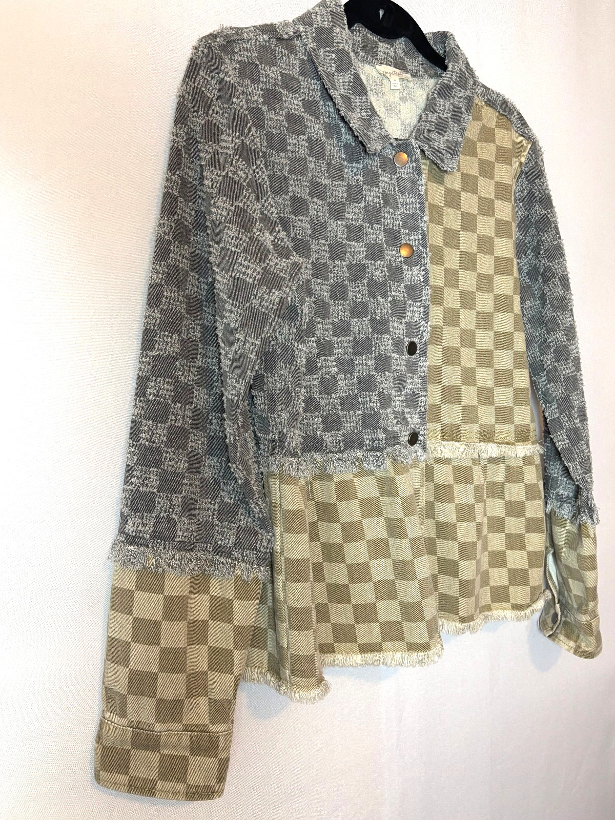 Mystree Patchwork Checkered Jacket Shacket Frayed… - image 4
