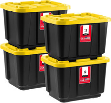 4-Pack 12 Gallon Heavy Duty Storage Tote Bins with Lids, Black/Yellow