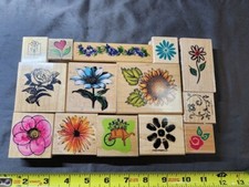 Lot of 14 Rubber Stamp Wood Mounted Used New Floral Theme and Flowers