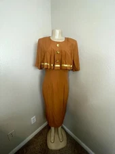 WNY Fit & Flare Dress Women's 10 Brown Acetate Short Sleeve Crew Neck Back Zip