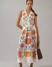 Farm Rio Linen Maxi Dress Anthropologie Floral Insects V Neck Botanical XXS NEW