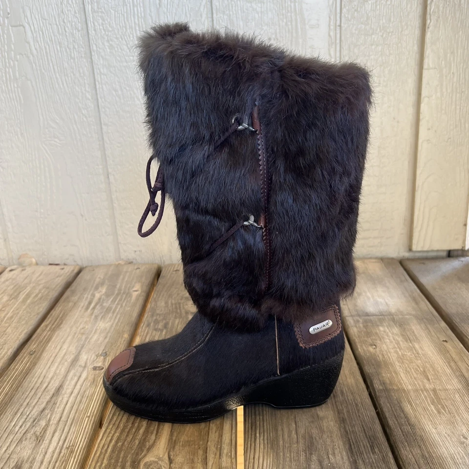 $399 PAJAR Botas de cuña de invierno forradas de lana con pelo de becerro de piel de zorro marrón 7,5 EE. UU. 38 UE Foto 3 de 4