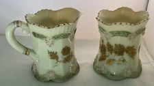 ANTIQUE EAPG NORTHWOOD CHRYSANTHEMUM SPRIG CUSTARD GLASS CREAMER & SPOONER SET