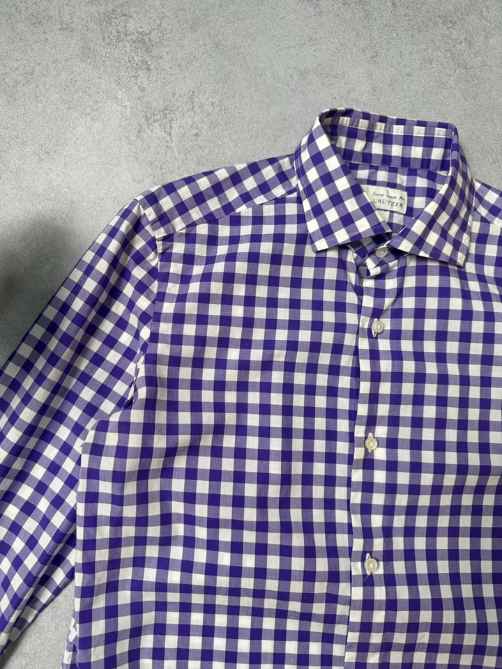 Vestido Camisa Luigi Borrelli Manga Longa com Botões Tamanho 39/15.5 Xadrez Roxo - Imagem 4 de 4