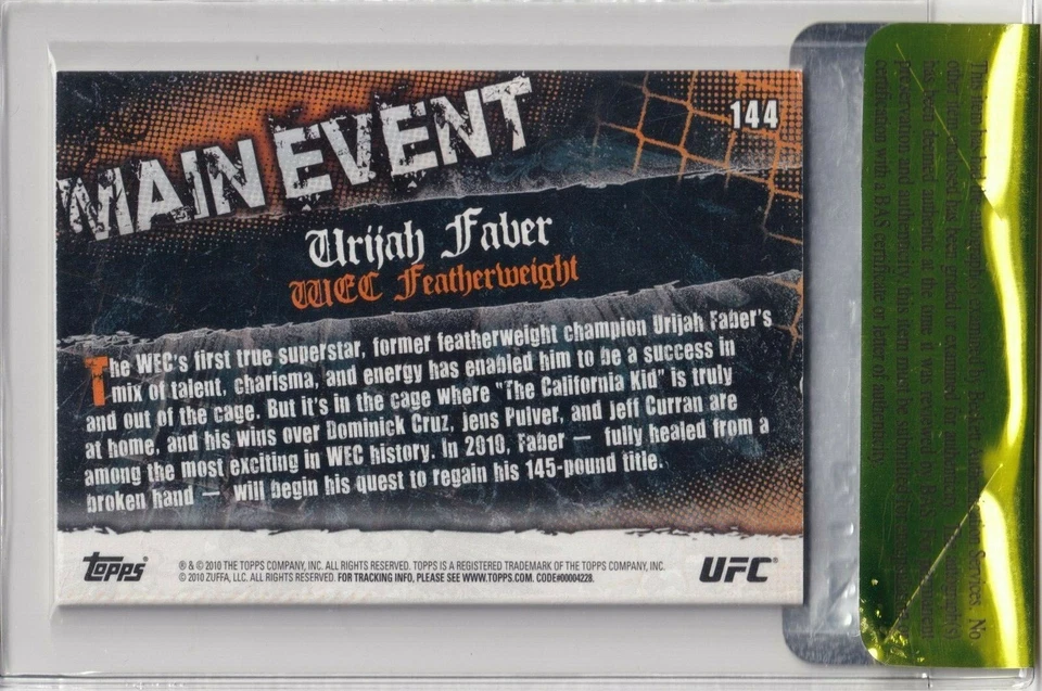 Tarjeta de novato dorada firmada por Urijah Faber 2010 Topps UFC Main Event #144 certificado de autenticidad BAS RC Foto 4 de 4