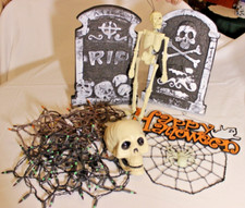 LOT of HALLOWEEN DECORATIONS SKULL, SKELETON, LIGHTS, SPIDER WEB, GHOST SIGN