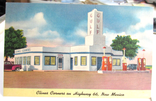 1930s ROUTE 66 Clines Corner New Mexico NM Gulf Gas Station Cafe Postcard Rt 66 - Picture 1 of 4