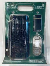 IDC Black Leather 3 Cigar Case with Butane Lighter & Old Fashion Dual Cutter New