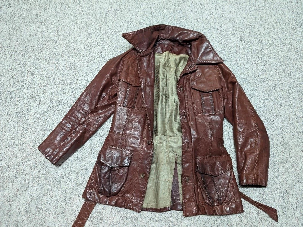 1950s vintage HORSEHIDE brown leather BELTED coat 38 jacket MOTORCYCLE norfolk image 3
