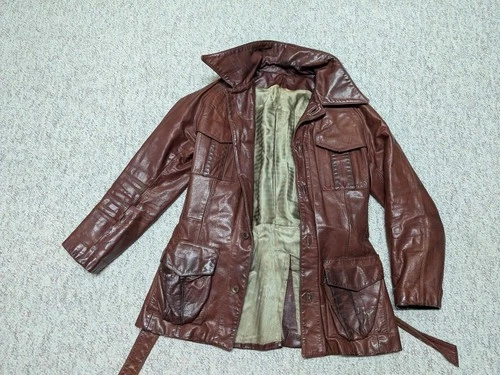 1950s vintage HORSEHIDE brown leather BELTED coat 38 jacket MOTORCYCLE norfolk image 3