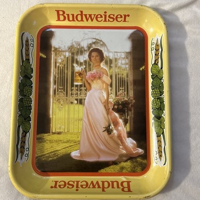 Vintage 1982 Budweiser Bud Girl Beer Maiden In Pink Dress Yellow Serving Tray