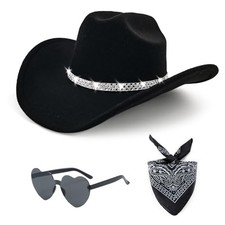 3Pcs Rhinestone Cowboy Hat for Women with Bandana, Heart Medium Black