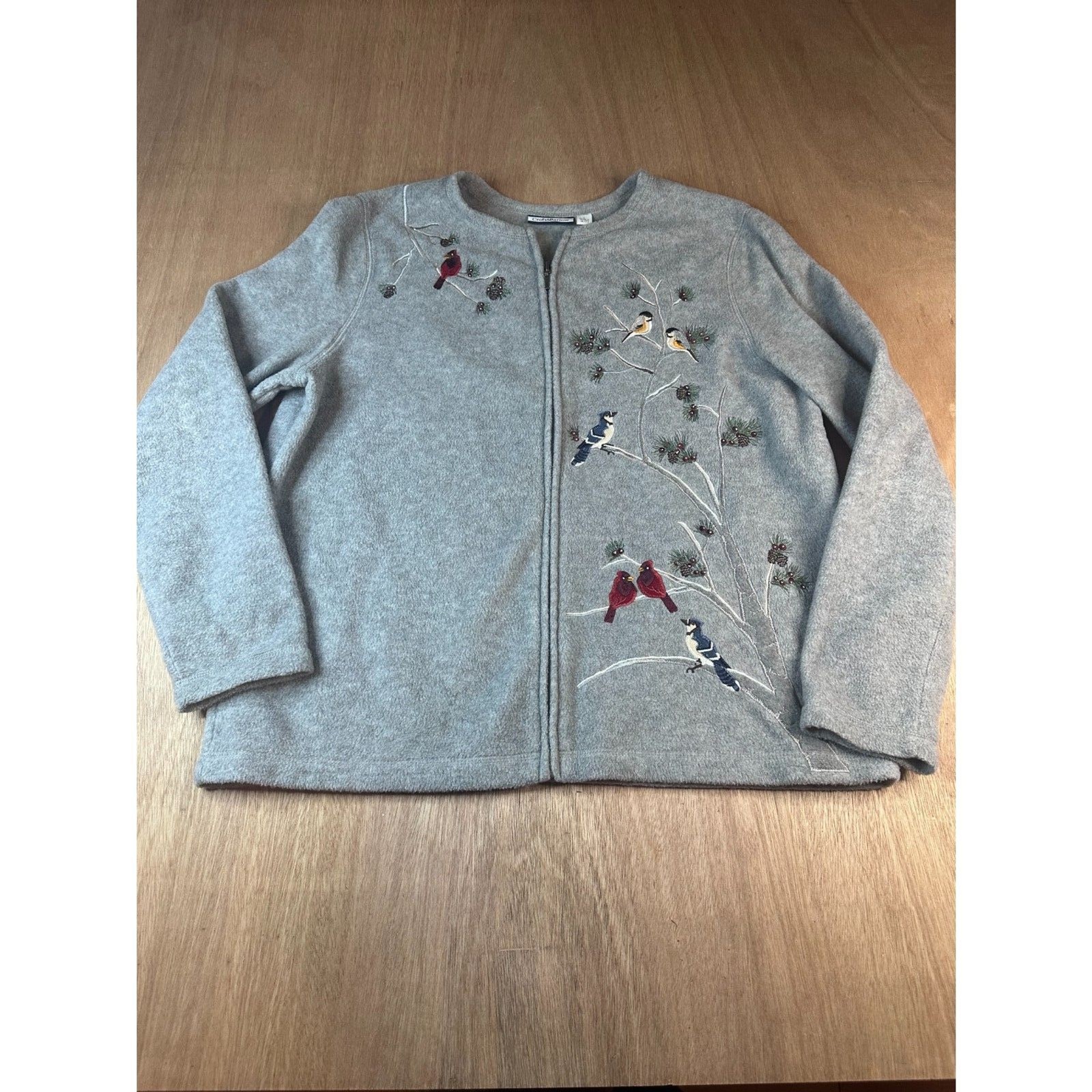 Croft & Barrow Embroidered Birds Gray Fleece Zip Cardigan Jacket Women’s L