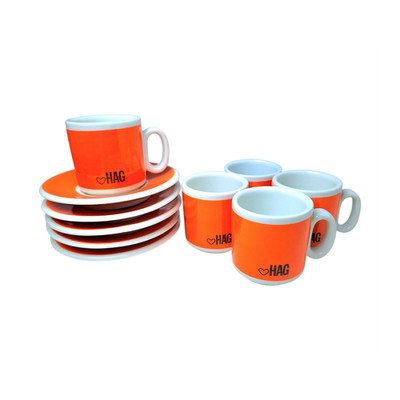 HAG Espresso Demitasse Cups & Saucers Bright Orange Set of 5 Atomic MCM