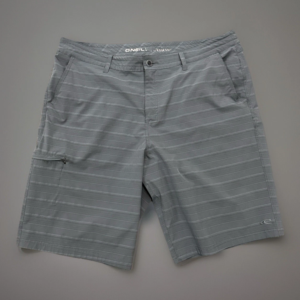 O’Neill Hybrid Shorts Mens 40 Gray Striped Golf Surf Walk Zipper Pocket
