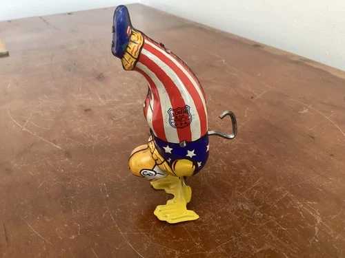 Vintage J. Chein tin lithograph patriotic handstand clown wind-up toy 1940s
