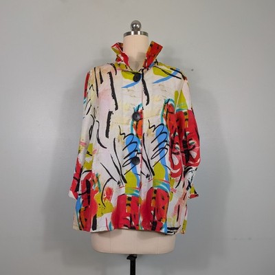 Damee Button Jacket Top M Mulicolor Artsy Wire Collar Art Teacher Funky Eclectic