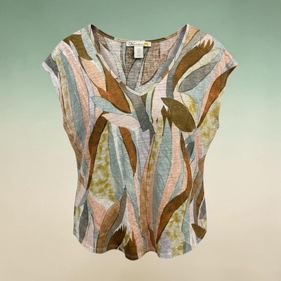 C&C California Women 100% Linen V-Neck Cap Sleeve Abstract Leaf Print Top Medium