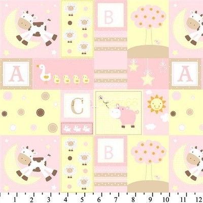 BTY Animal Patchwork Cow Moon Duck ABC Pink Yellow Cotton Flannel Fabric By Yard