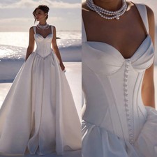 Simple Satin A Line Wedding Dress Vintage Spaghetti Straps Sleeveles Bridal Gown