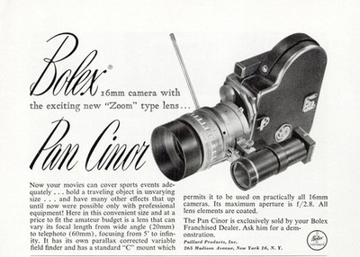 1952 Bolex Camera: Pan Cinor Zoom Type Lens Vintage Print Ad
