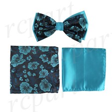 New Brand Q Men's Pre-tied Bow tie  2 hankie blue floral flower formal prom