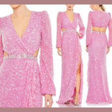 NWT 698 Mac Duggal 4 Sequined Faux Wrap Cut Out Puff Sleeve Gown Orchid J327
