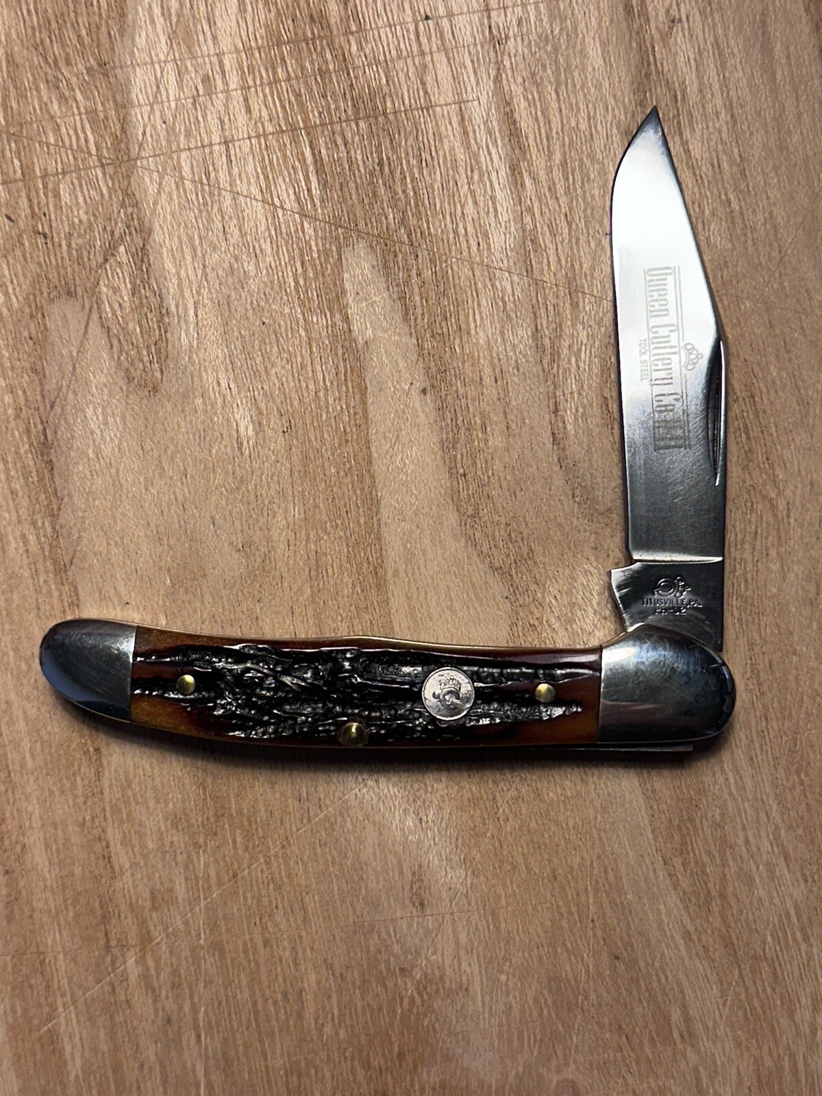 QUEEN TOOL STEEL 41 COPPERHEAD KNIFE, PH D2 AMBER STAG/BONE eBay