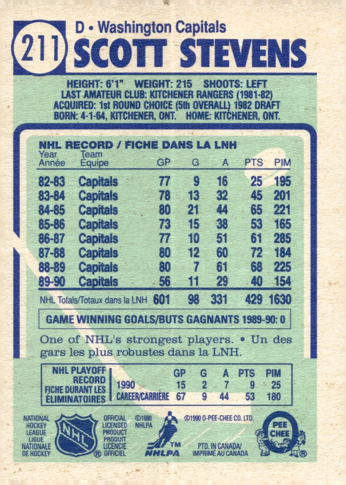 1990-91 O-Pee-Chee - #211 Scott Stevens Capitals Blues - Image 2 of 2